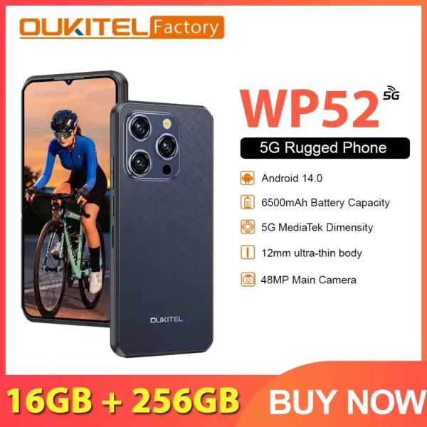 Oukitel WP52 Rugged Smartphone 5G 6.6" 16GB+256GB 6500mAh Battery Call Phone 48MP Android 14 NFC Telephon Portable