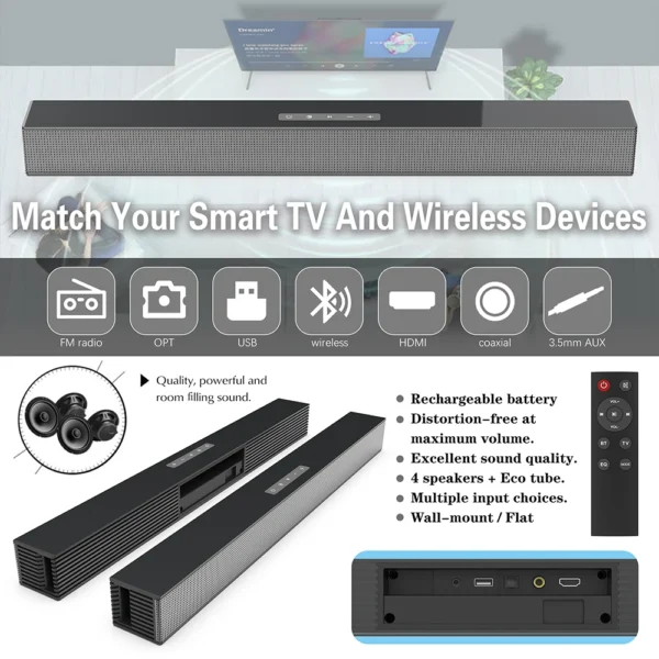 Rsionch Home Theater TV Speakers Wall-mount Speaker Wireless Soundbar FM Radio TV Optical Speaker for TVs Smartphone USB input