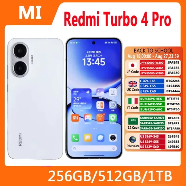 S04ac450a3f4b4b9ca03ff0d9723ec98eN.webp Redmi Turbo 4 Pro 256GB/512GB Snapdragon 8s Gen 4 6.83 inch 2772x1280 Screen 90W 7550mAh Battery 50MP+20MP Camera