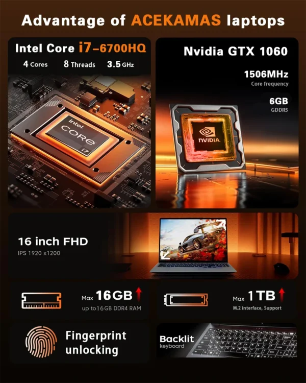 ACEKAMAS 16" Gaming Laptop Computer Core i7 6700HQ GTX 1060 Windows 11 Pro IPS 1920*1200 16GB DDR4 1TB SSD Notebook PC Laptops