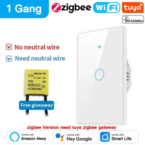 TNCE Tuya US Switch wifi zigbee, 1/2/3/4 gang, No-Neutral/Wire LED light control Wall Button, smart voice with Alexa Google Home