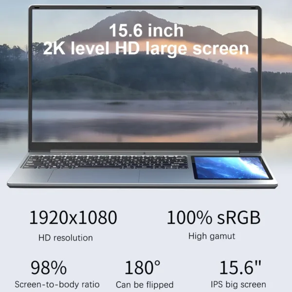 New Dual Screen Laptop 15.6 Inch IPS+7'' Touch Business Computer  Gen Intel N100 Max 32G DDR4 M.2 2T SSD Slim Office Notebook