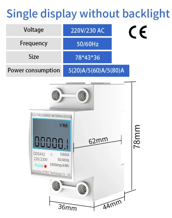 S246b71400c944eb5a352ef382cceaa6c2.webp GTRIC Electric Energy Meter 2P Single Phase LCD Digital Display DIN Rail Mounting 2-wire Electric Meter Wattmeter AC 230V 50Hz
