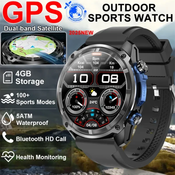 Military GPS Sports Smart Watch 3ATM Waterproof 4GB Memory Compass Built-in Dual-Band GPS Compass Altimeter Outdoors Smartwatch