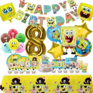 S28e64e2d2e1d4b83b9c424974d5faf84o.webp SpongeBob Birthday Party Decoration Aluminum Foil Balloon For Kid Event Supplies Disposable Tableware Banner Backdrop Gift