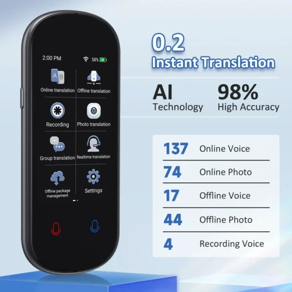 AI Voice Translator with 3.1 inch Touch Screen Real Time Translator Recording Photo Offline Translation 138 Languages