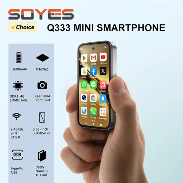 SOYES Q333 Mini Smartphone 4GB RAM 64GB ROM Android 12.0 Face Unlock 2000mAh 4G LTE Type-C OTG 3.58‘’ Screen Small Phone