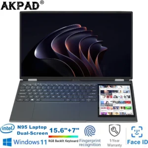 AKPAD 15.6"+7" Dual Screen Laptop Computer, Intel 12th N95 32GB/16GB DDR4 RAM, RGB Backlit Keyboard 7" Touch Screen Notebook PC