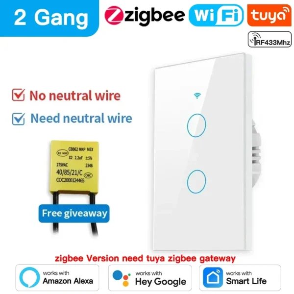 TNCE Tuya US Switch wifi zigbee, 1/2/3/4 gang, No-Neutral/Wire LED light control Wall Button, smart voice with Alexa Google Home