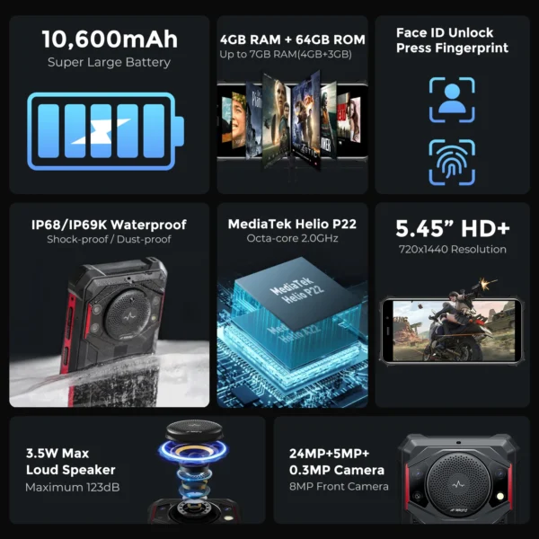 FOSSiBOT F101 P Octa Core Rugged 10600mAh 4GB 64GB Cellphone 24MP Camera 5.45" HD Screen IP68 Waterproof Mobile Phone Global