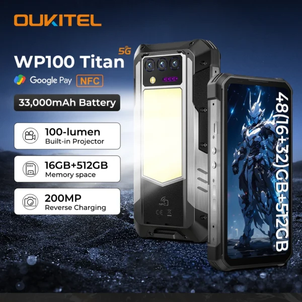 Oukitel WP100 Titan Rugged Phone 33000mAh 66W Charger 200MP Camera Built-in Projector Camping Light CellPhone