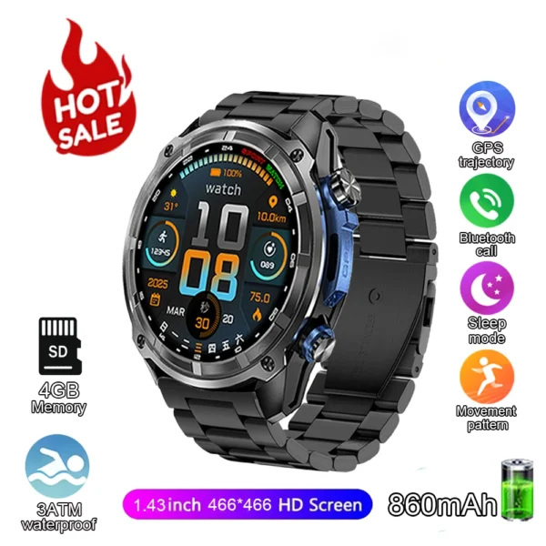 2025 New T-Rex Tactical Smartwatch Built-in GPS Offline Map 4GB Memory 5ATM IP69K Swimming Waterproof Men Militray Smart Bracele