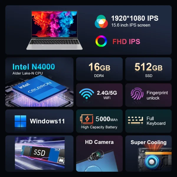 15.6 inch IPS Laptop Computer Intel Celeron N4000 Notebook PC Fingerprint Unlock Windows 11 Pro 16GB DDR4 1TB 2TB SSD Laptops