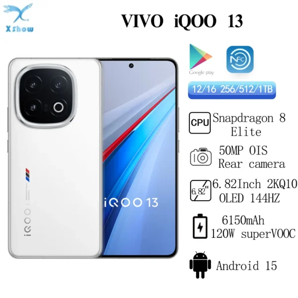 Original ViVO iQOO 13 Snapdragon 8 Elite 50MP Rear Camera OIS 6.82'' 2K Q10 OLED 144Hz 6150mAh 120W SuperVOOC Android 15 NFC OTA
