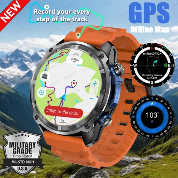 2025 New T-Rex Tactical Smartwatch Built-in GPS Offline Map 4GB Memory 5ATM IP69K Swimming Waterproof Men Militray Smart Bracele