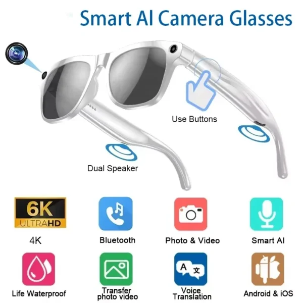 6K HD AI Smart Glasses Chat 260Mah Battery Voice Assistant Control GPT 100MP Camera Bluetooth Call  Smart Glasses 2025 NEW