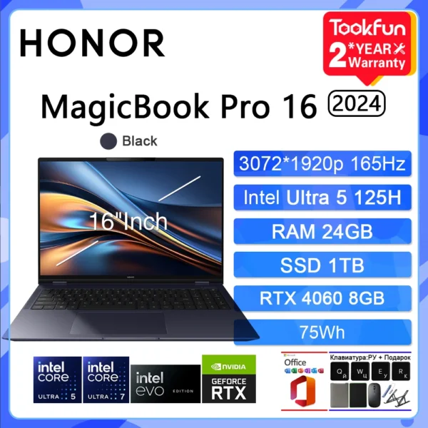 HONOR MagicBook Pro 16 HUNTER 2024 DRA-54 Gaming Laptop Intel Ultra 5/7 NVIDIA RTX 4060 1TB 16" Inch 3K 165Hz Gamer Computer PC