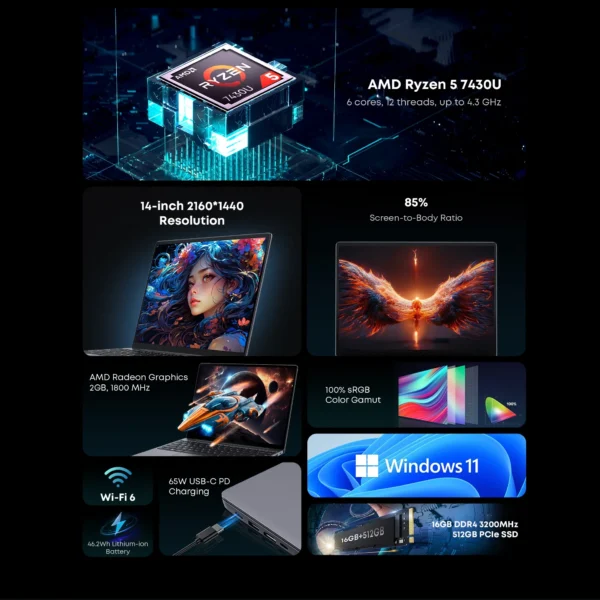 CHUWI Corebook X Laptop R5-7430U 14 inch FHD Screen 16GB RAM 512GB SSD WIFI 6 Windows 11 Gaming NoteBook AMD R5 Computer PC