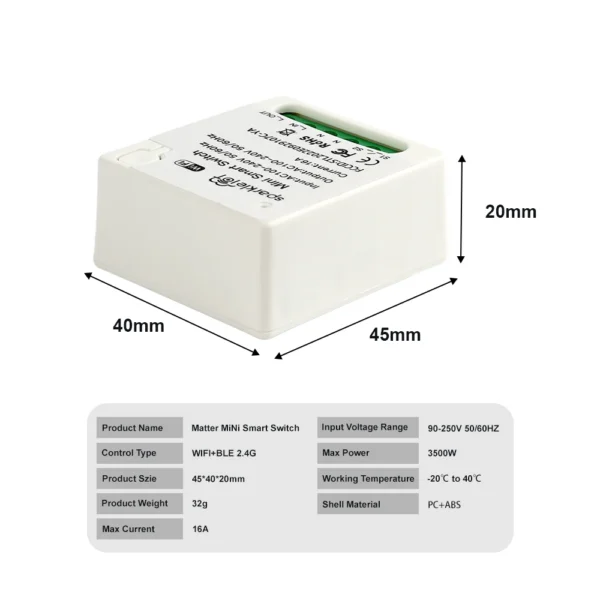 Matter WiFi Smart Switch 16A Smart Home Light Switch Relay Module Voice Control Work with Alexa Google Homekit Smartthings Tuya