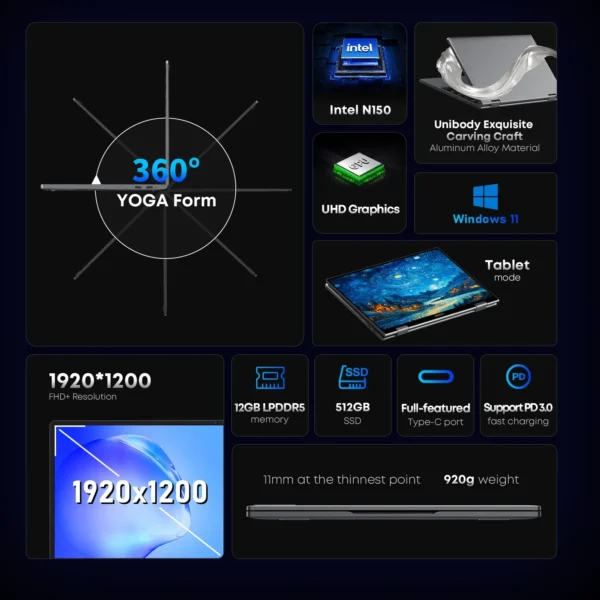 CHUWI MiniBook X Laptop Tablet 2 In 1 Intel N150/N100 10.51" FHD IPS Screen 16GB / 12GB RAM LPDDR5 512G SSD Windows 11 Notebook