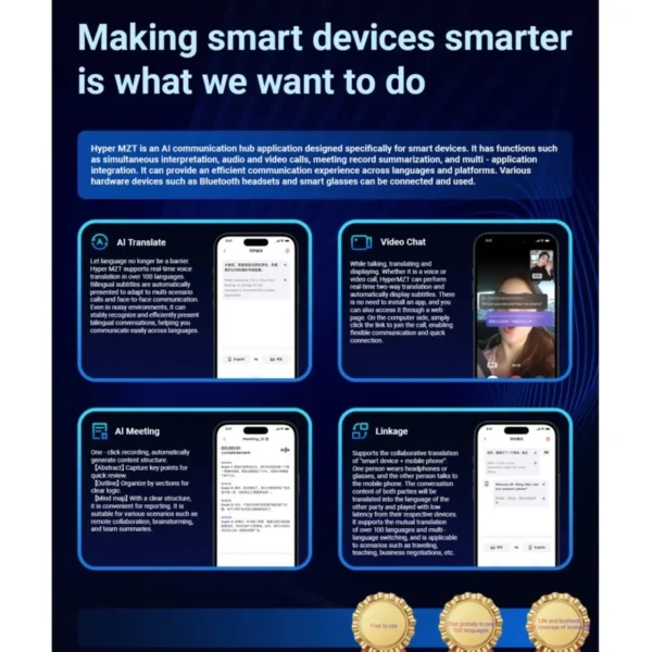 S884e95ea295b4eb0b518e6cf157aa6e4b.webp Smart Glasses AI translation 100+ Languages Make Receive Calls Music Calling Noise Reduction Light BT TWS Glasses Men Women