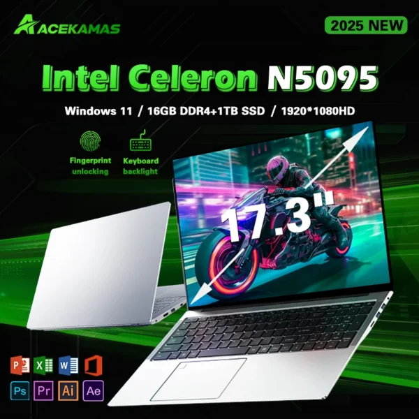 ACEKAMAS 17.3" Portable Computer Laptop Intel Celeron N5095 16GB RAM 1TB SSD Windows 11 Pro Fingerprint Office Gamer Notebook PC