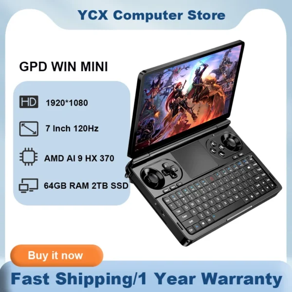 GPD WIN MINI AI 9 HX 370 7 Inch 120Hz Handheld GamePad Tablet 64GB RAM 2TB M.2 NVMe 2280 SSD 555g Pocket Game Player Mini Laptop