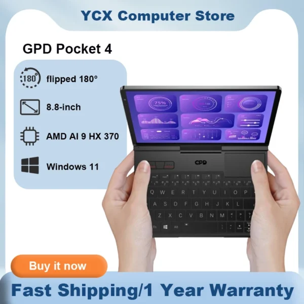 GPD Pocket 4 Mini Laptop 8.8-inch AMD AI 9 HX 370 64GB RAM Portable Mini PC 2TB NVMe flipped 180° business Laptop Computer