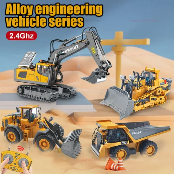 Kids RC Car Toys 2.4Ghz Remote Control Alloy Excavator Dump Truck Bulldozer Electric Construction Vehicle Gifts for Boys Girls