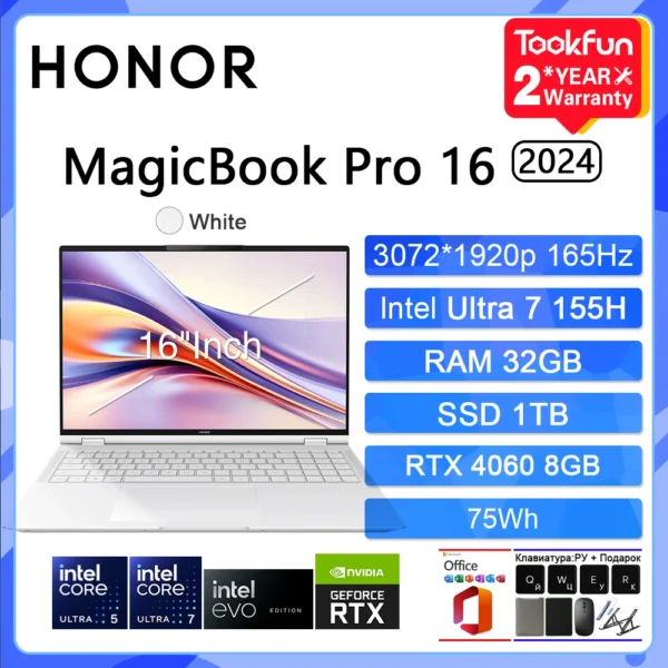 HONOR MagicBook Pro 16 HUNTER 2024 DRA-54 Gaming Laptop Intel Ultra 5/7 NVIDIA RTX 4060 1TB 16" Inch 3K 165Hz Gamer Computer PC