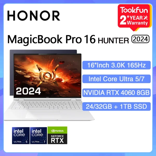 HONOR MagicBook Pro 16 HUNTER 2024 DRA-54 Gaming Laptop Intel Ultra 5/7 NVIDIA RTX 4060 1TB 16" Inch 3K 165Hz Gamer Computer PC
