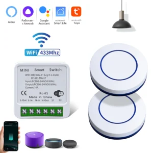 Tuya WiFi Smart Switch Smart Life APP Relay Receiver Alexa Google Home Voice Control 433Mhz Wireless Round Button Remote Control