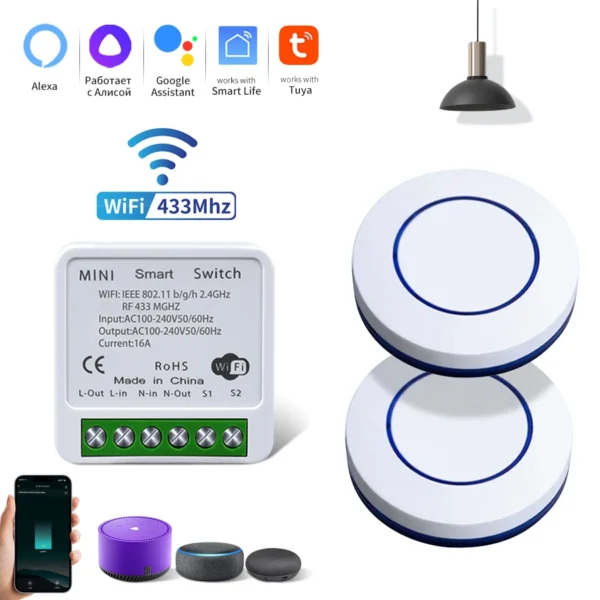 Tuya WiFi Smart Switch Smart Life APP Relay Receiver Alexa Google Home Voice Control 433Mhz Wireless Round Button Remote Control