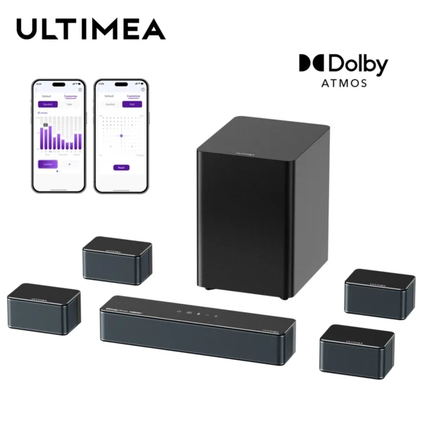 ULTIMEA Poseidon D80 Boom 7.1ch 500W Dolby Atmos Soundbar, Wireless Subwoofer & 4 Surround Speakers, Home Theater TV,APP Control