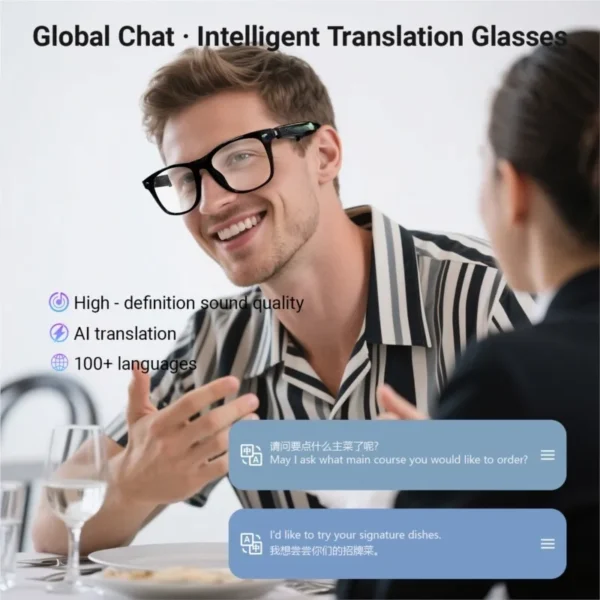 Sb8f618168f4a45ec9ae771537c7489d4I.webp Smart Glasses AI translation 100+ Languages Make Receive Calls Music Calling Noise Reduction Light BT TWS Glasses Men Women