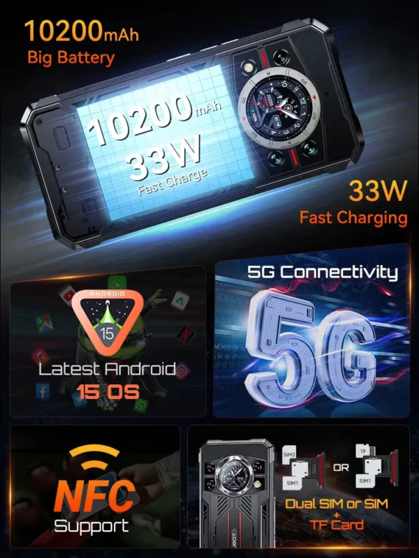 Cubot KingKong 11 Rugged 5G Smartphone 10200mAh Battery Dimensity 7025 32GB RAM(16+16) 256GB ROM 108MP Camera Android 15 NFC