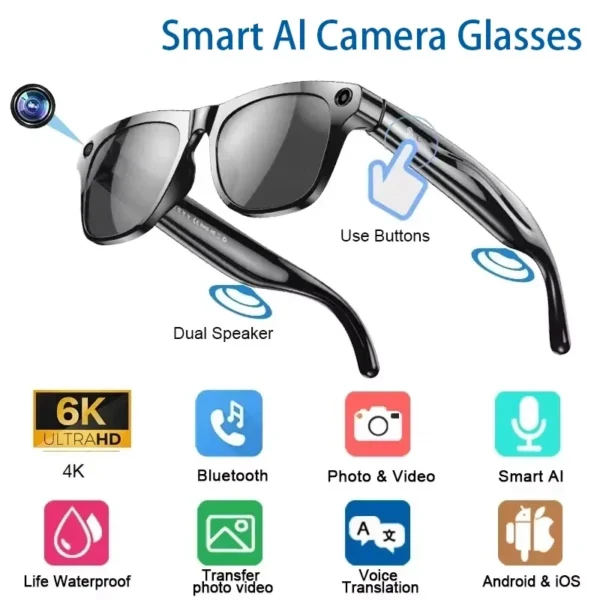 6K HD AI Smart Glasses Chat 260Mah Battery Voice Assistant Control GPT 100MP Camera Bluetooth Call  Smart Glasses 2025 NEW
