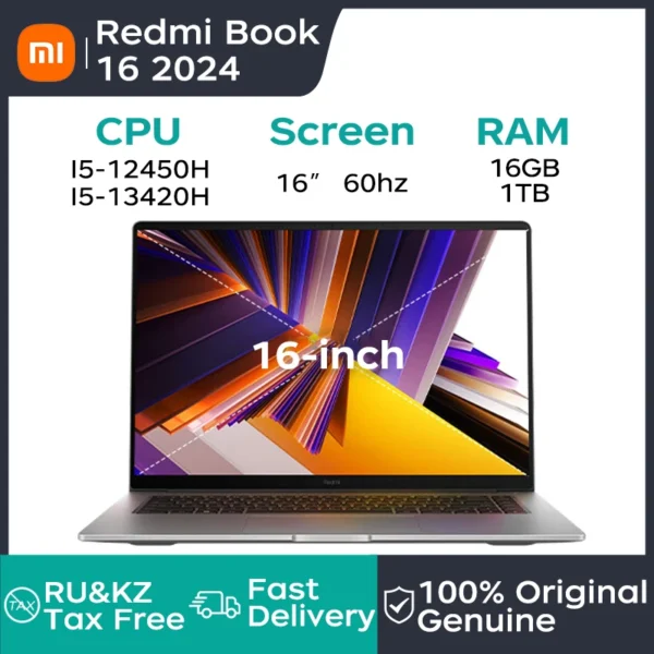 Xiaomi laptop RedmiBook 16 2024 Intel Core I5-12450H/13420H LPDDR5 Xiaomi Hyper 0S Connect 100W GaN charger Computer Notebook PC