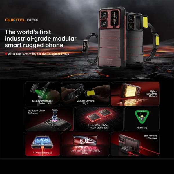 Oukitel WP300 5G Rugged 36GB+512GB 120W Android15 Mobile Phone 16000mAh 6.78" FHD+ 108MP Camera Modular detachable Earbud Phone