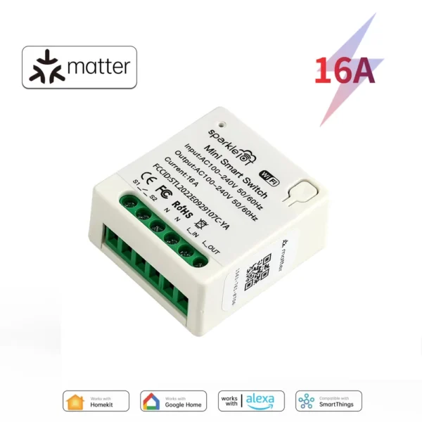 Matter WiFi Smart Switch 16A Smart Home Light Switch Relay Module Voice Control Work with Alexa Google Homekit Smartthings Tuya