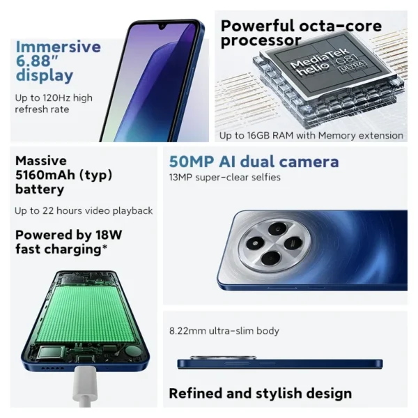 Global Version Xiaomi Redmi 14C Immersion 6.88'' 120Hz Display 50MP AI Dual Camera Massive 5160mAh Battery 18W Fast Charging