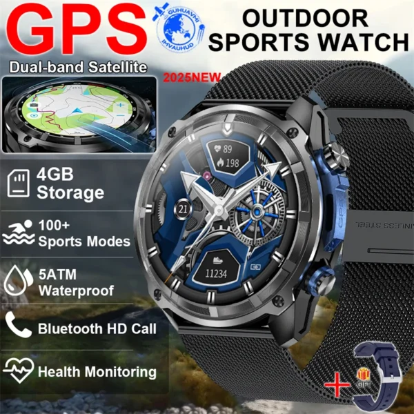 Military GPS Sports Smart Watch 3ATM Waterproof 4GB Memory Compass Built-in Dual-Band GPS Compass Altimeter Outdoors Smartwatch