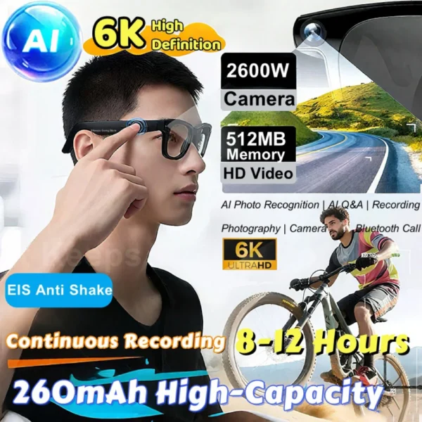 6K HD AI Smart Glasses Chat 260Mah Battery Voice Assistant Control GPT 100MP Camera Bluetooth Call  Smart Glasses 2025 NEW