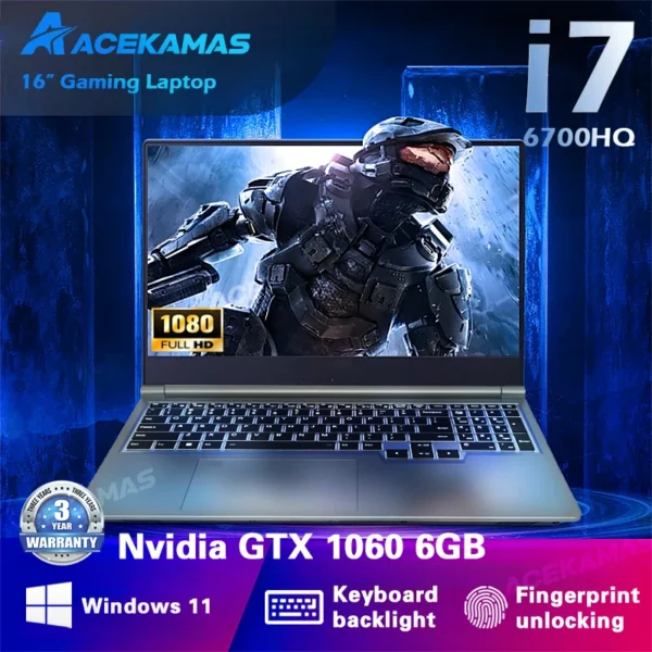 ACEKAMAS 16" Gaming Laptop Core i7 6700HQ GTX 1060 1920*1200 Windows 11 Pro Gamer Computer 1TB SSD 16GB DDR4 Laptops Notebook PC