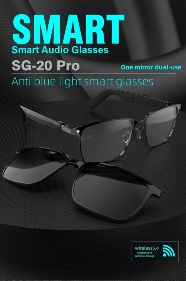 SG20 TWS 2-in-1 Smart Bluetooth Glasses - Convertible Sunglasses & Clear Lenses, Wireless Audio, Touch Control