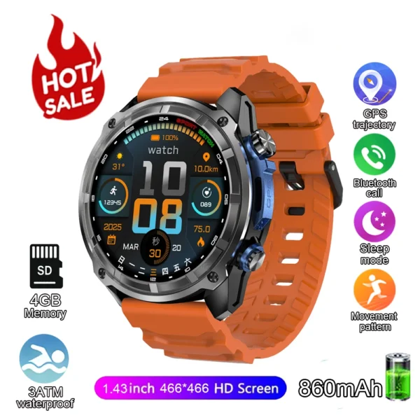 2025 New T-Rex Tactical Smartwatch Built-in GPS Offline Map 4GB Memory 5ATM IP69K Swimming Waterproof Men Militray Smart Bracele