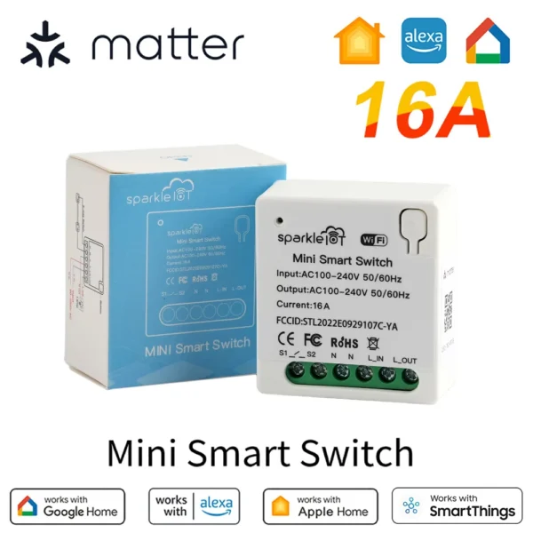 Matter WiFi Smart Switch 16A Smart Home Light Switch Relay Module Voice Control Work with Alexa Google Homekit Smartthings Tuya