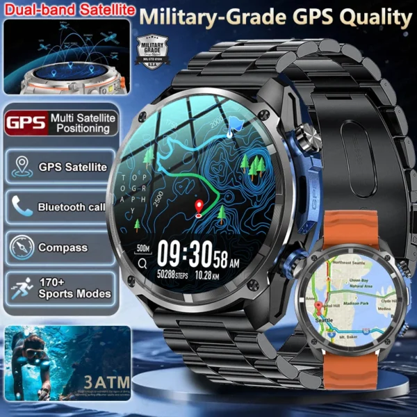 Military GPS Sports Smart Watch 3ATM Waterproof 4GB Memory Compass Built-in Dual-Band GPS Compass Altimeter Outdoors Smartwatch