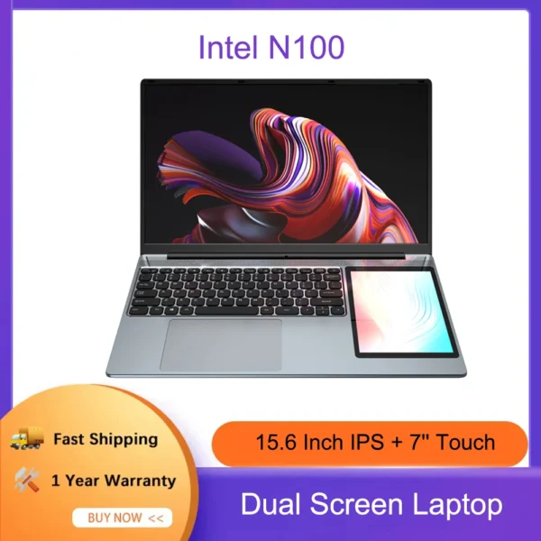 15.6 Inch IPS + 7'' Touch Laptop Dual Screen Notebook Intel N100 Max 32G DDR4 M.2 2T SSD Slim Office PC Computer