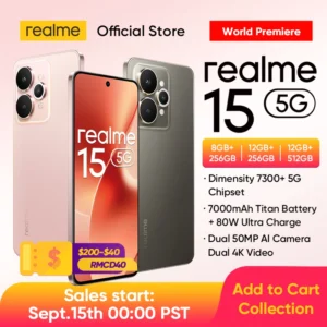 [World Premiere] realme 15 5G Smartphone Dimensity 7300+ 5G Processor 7000mAh Battery 80W Charge 6.77"144Hz AMOLED Display NFC